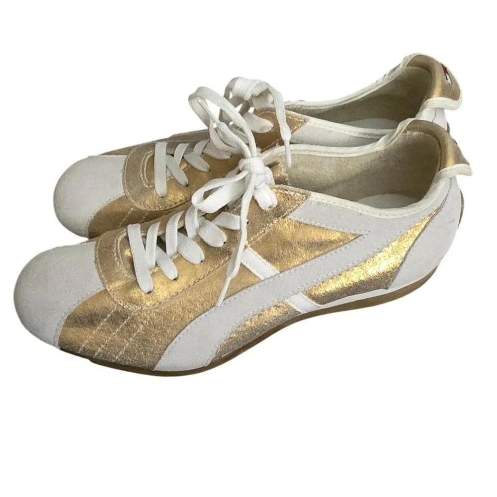 Tommy Girl‎ Metallic Gold White Leather Sneakers Trainers Size 9W EUC